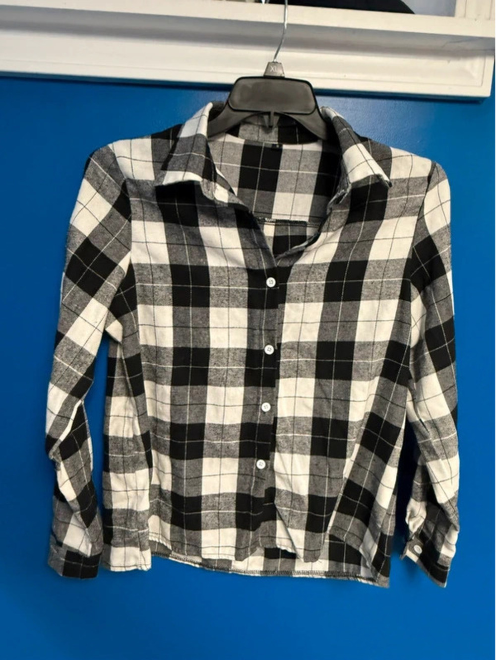Womens Black White Buffalo Plaid Flannel Button Down Shirt Small Casual Top